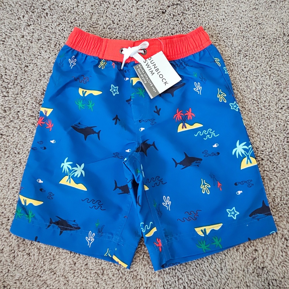 Hanna Andersson Swim Trunks Kids Size 5 Blue NEW Shark Tropical Sunblock‎ Swim
